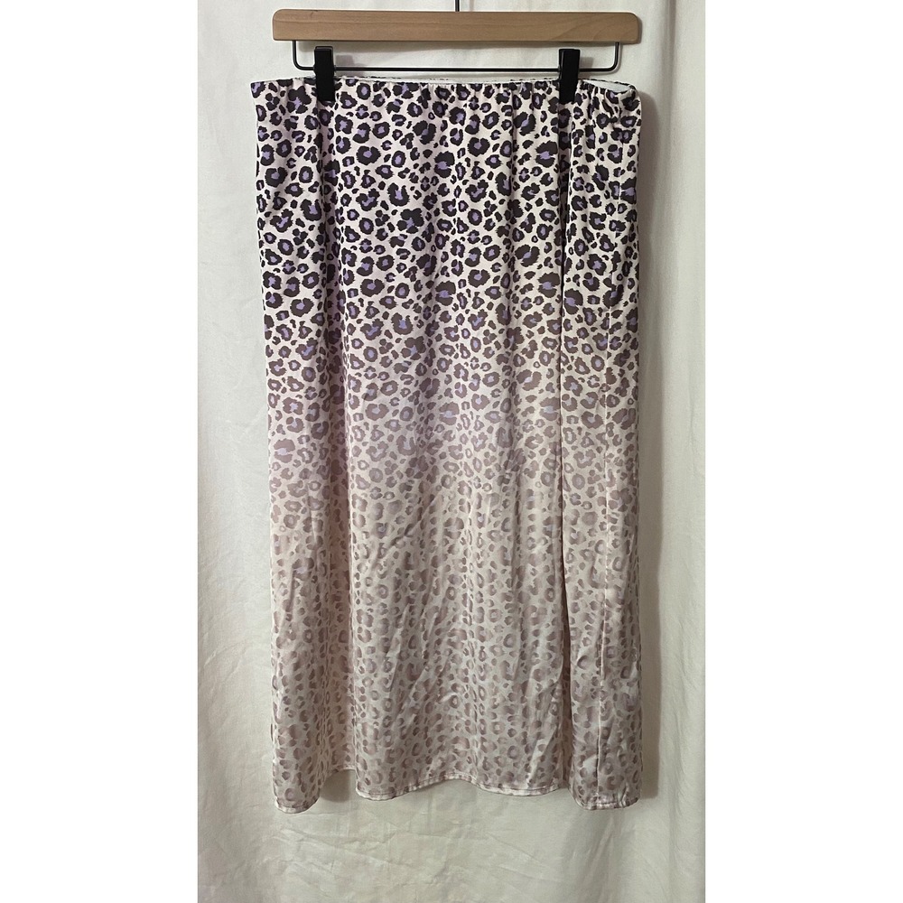 WD-NY Purple Ombre Leopard Print Satin Midi Skirt Large Elastic Waist Lined